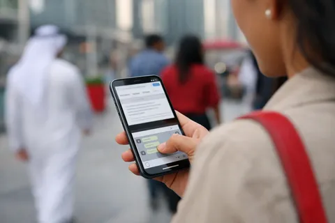 A visitor using a compact website chat on a phone while on the move