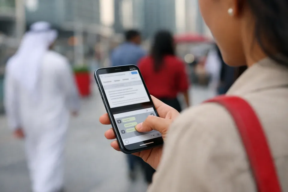 A visitor using a compact website chat on a phone while on the move