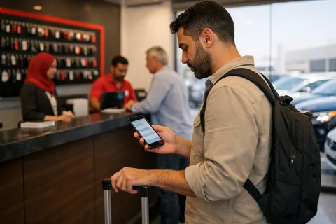 A traveller at a car rental office checking rental details in a chat on his phone