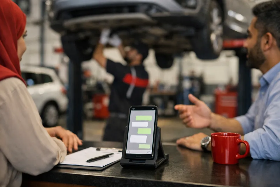 A car workshop where service bookings arrive through the website chat