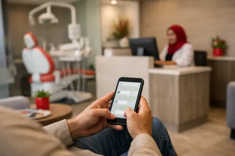 A patient in a dental clinic waiting room chatting with the clinic's assistant on her phone