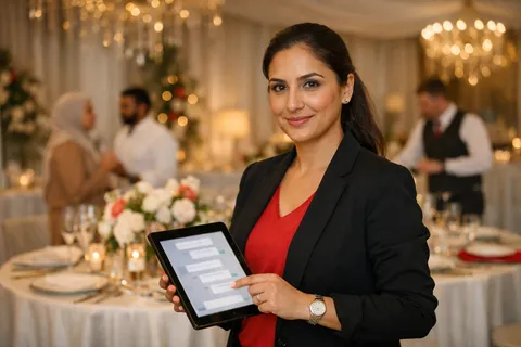 An event hall set for a wedding, with a planner reading an enquiry in the chat