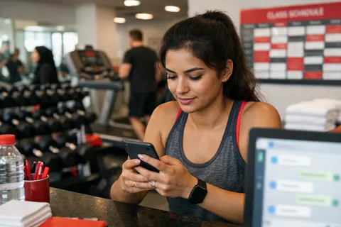 A gym member at reception reading the gym's answers about classes on her phone