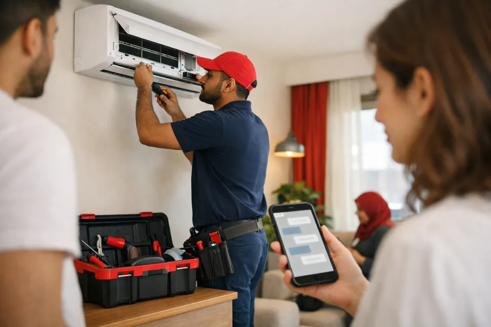 An air-conditioning technician at work while the customer chats with the company on her phone