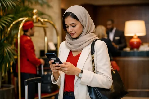 A hotel guest in the lobby reading answers about check-in in a chat on her phone