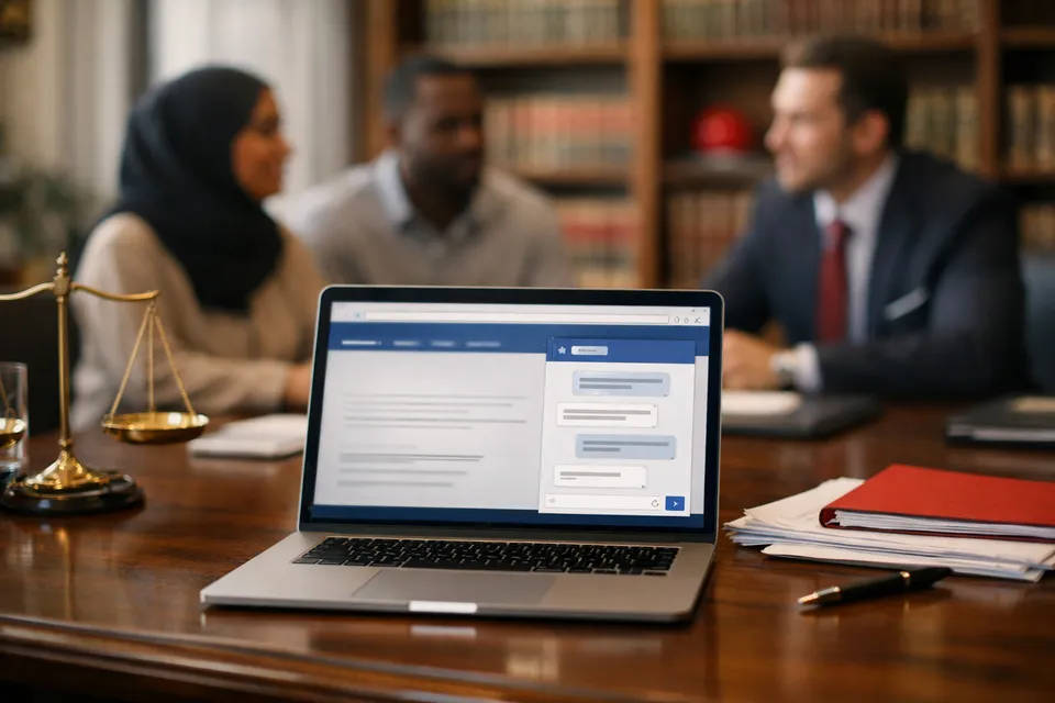 مكتب محاماة يعرض فيه حاسوب طلب استشارة في محادثة الموقع