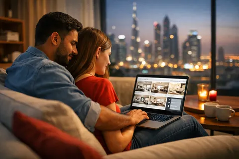 A couple browsing apartments online in the evening and chatting with the agency's assistant