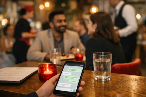 A restaurant during service, with a guest's phone showing a chat about a reservation