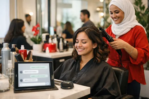 A busy hair salon where booking questions are answered in the website chat