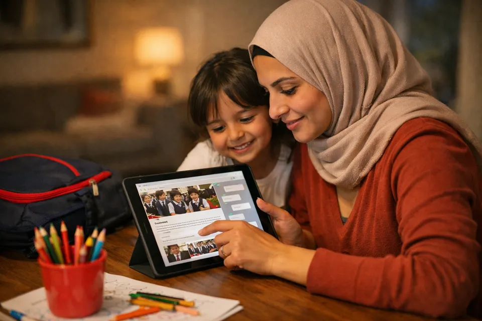 A parent researching a school in the evening and chatting with its admissions assistant