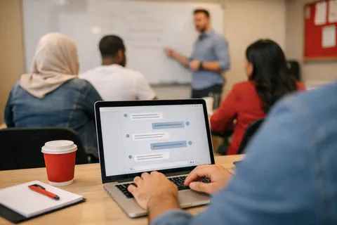 A student at a training centre asking about course times in the website chat