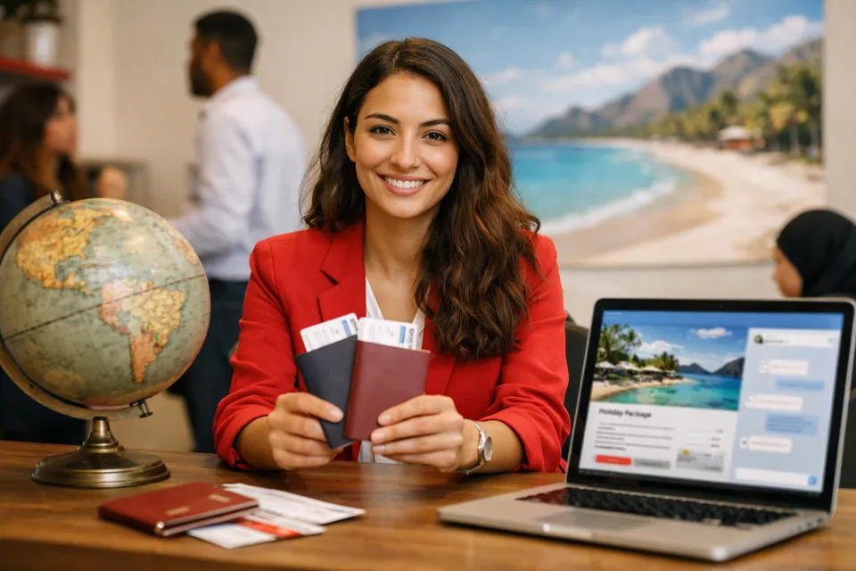A travel agency desk with a laptop showing a holiday package and an open chat