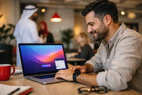صفحة هبوط أنيقة لشركة ناشئة مع نافذة المحادثة في الزاوية