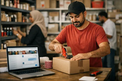صاحب متجر إلكتروني صغير يجهز الطلبات بينما تجيب محادثة المتجر عن أسئلة التوصيل