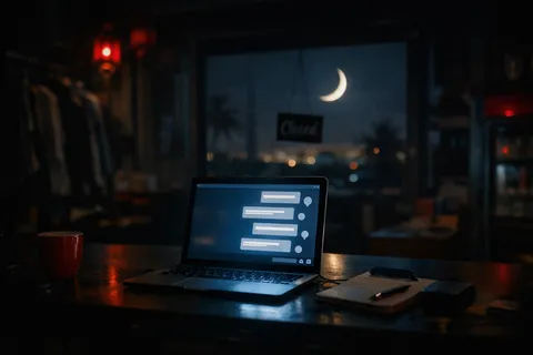 A closed business at night whose website chat keeps answering customers