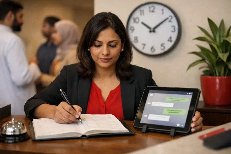 An appointment request arriving through the website chat at a reception desk