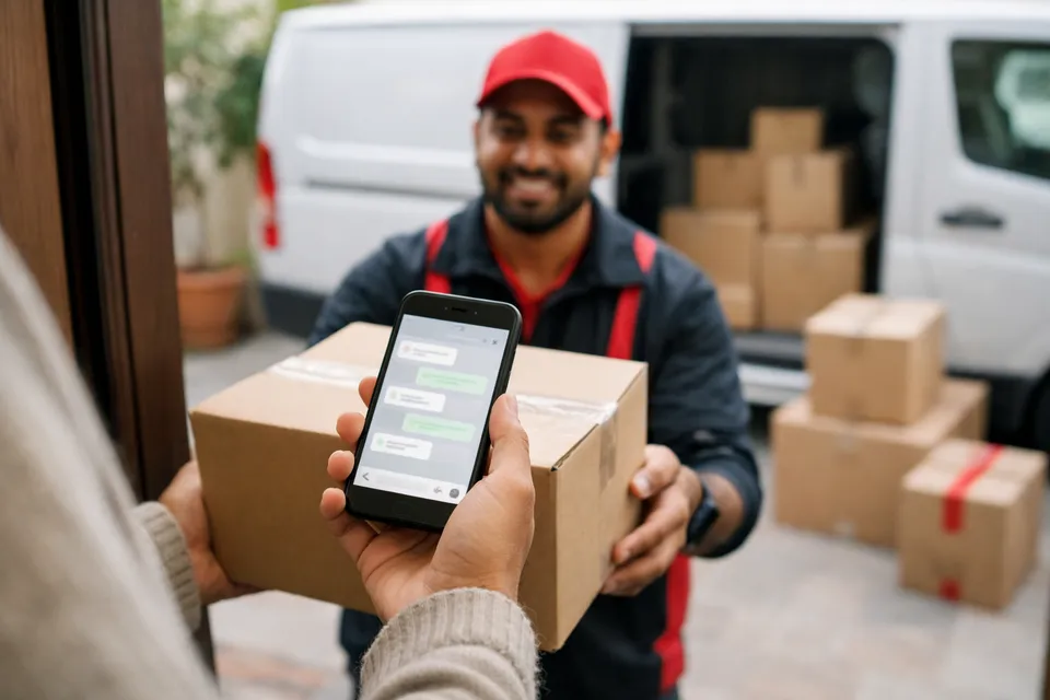 An online shopper asking about returns in the store's chat as a parcel arrives