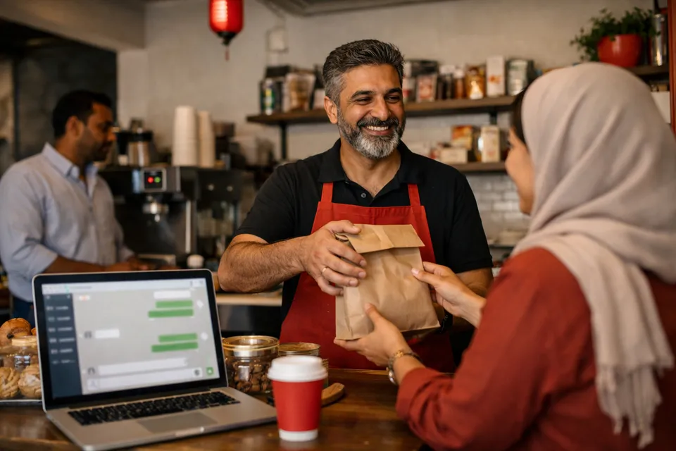 A small business owner serving customers while the website chat handles online questions